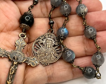 Sacred Heart | Labradorite | Handmade | Solid Bronze | Single Decade Wire Wrapped Catholic Rosary