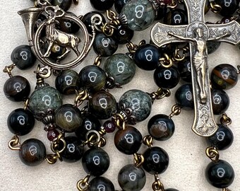 St. Hubert | Tigers Eye | Heirloom Rosary | Handmade | Solid Bronze | Vintage Replica