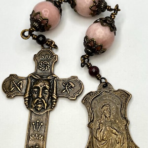 Sacred Heart/Mary with Infant Jesus Devotional Chaplet | Pink Opal | Solid Bronze | Handmade | Catholic Chaplet