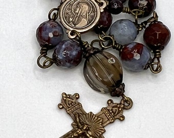 Pocket Rosary - Solid Bronze - Red Lightening Agate - Ave Maria - 1 Decade