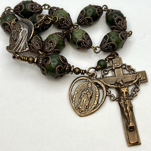 Sweet Mary Center with Crown of Thorns Crucifix | Jade | Vintage Replica | Handmade | Solid Bronze | Single Decade Catholic Rosary