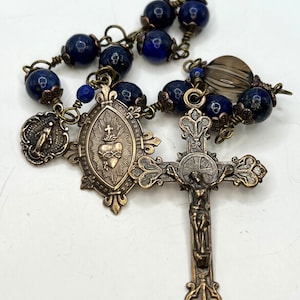 Sacred Heart | Natural Lapis | Handmade | Solid Bronze | Single Decade Wire Wrapped Catholic Rosary