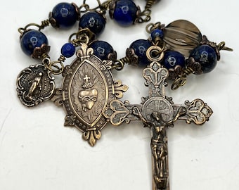 Sacred Heart | Natural Lapis | Handmade | Solid Bronze | Single Decade Wire Wrapped Catholic Rosary