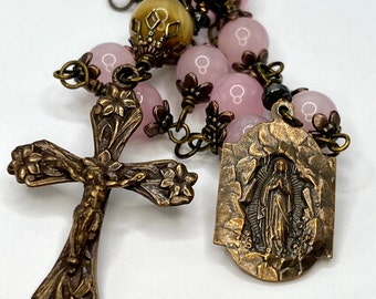 Mary in the Grotto | Rose Quartz | Handmade | Solid Bronze | Single Decade Wire Wrapped Catholic Rosary