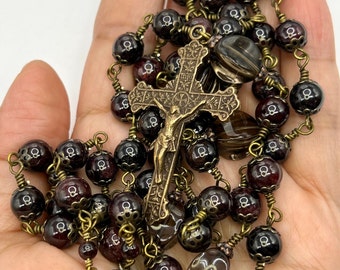 Virgin Mary| Garnet | Handmade | Solid Bronze | Vintage Replica | Wire Wrapped Catholic Rosary