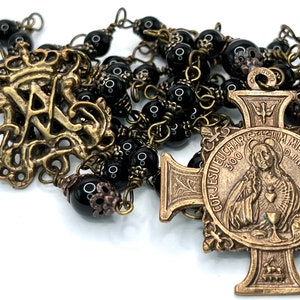 Ave Maria Eucharist | Black Onyx | Handmade | Solid Bronze | Vintage Replica | Wire Wrapped Catholic Rosary