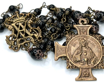 Ave Maria Eucharist | Black Onyx | Handmade | Solid Bronze | Vintage Replica | Wire Wrapped Catholic Rosary