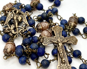 Saint Michael | Lapis | Handmade | Solid Bronze | Vintage Replica | Wire Wrapped Catholic Rosary