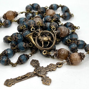St Hubert – Heirloom Rosary – Wire Wrapped Catholic Rosary of Blue Jade and Moonstone