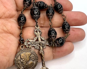 St Benedict Pocket Rosary - Solid Bronze - Black Onyx - 1 Decade