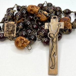 Memento Mori | Garnet | Handmade | Solid Bronze | Vintage Replica | Wire Wrapped Catholic Rosary