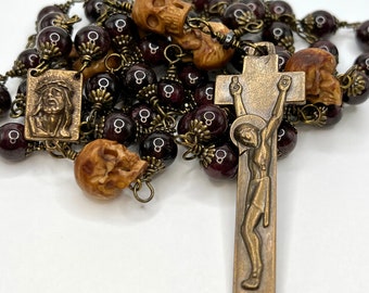 Memento Mori | Garnet | Handmade | Solid Bronze | Vintage Replica | Wire Wrapped Catholic Rosary