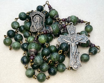 Mary Framed with Roses | Natural Jade | Heirloom Rosary | Handmade | Solid Bronze | Vintage Replica