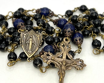 Miraculous Medal Virgin Mary – Heirloom Rosary – Wire Wrapped Catholic Rosary of  Black Onyx and Lapis