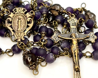 Miraculous Medal | Frosted Amethyst | Handmade | Solid Bronze | Vintage Replica | Wire Wrapped Catholic Rosary