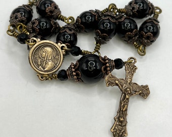 Pocket Rosary - Solid Bronze - Black Onyx - Ave Maria - 1 Decade