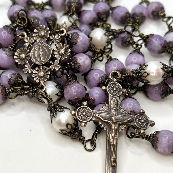 Mary, Souvenir of Lourdes, Flowers – Heirloom Rosary – Wire Wrapped Catholic Rosary of Lavender Mica, and Pearls