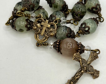 Pocket Rosary - Solid Bronze - Prehnite (Stone of Prophecy) - Holy Spirit Crucifix - 1 Decade