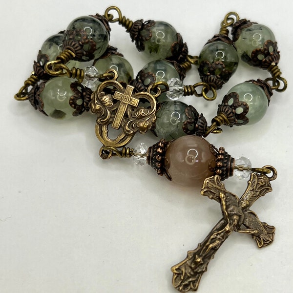 Pocket Rosary - Solid Bronze - Prehnite (Stone of Prophecy) - Holy Spirit Crucifix - 1 Decade