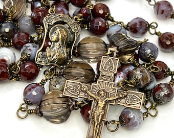 Virgin Mary | Red Lightening Agate | Handmade | Solid Bronze | Wire Wrapped Catholic Rosary