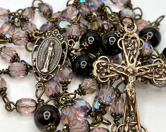 Miraculous Medal | Czech Crystal Glass | Handmade | Solid Bronze | Wire Wrapped Catholic Rosary