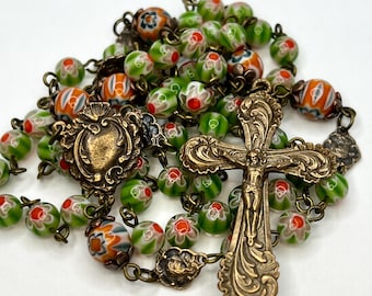 Edwardian | Millefiori Glass | Handmade | Solid Bronze | Vintage Replica | Wire Wrapped Catholic Rosary