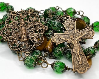 Praying Mary Filigree Lace - Heirloom Rosary – Solid Bronze - Wire Wrapped Catholic Rosary of Green Czech Glass Crystal