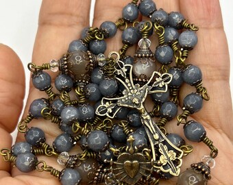 Sacred Heart  – Heirloom  – Wire Wrapped Catholic Rosary of True Solid Bronze, Jade, and Moonstone