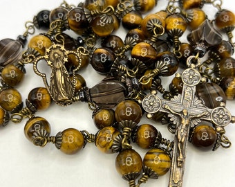 Virgin Mary with Stars – Heirloom Rosary – Wire Wrapped Catholic Rosary of Tigers Eye and Smokey Quartz