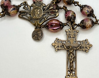 Mary with Lily solid bronze single decade Lampwork rosary