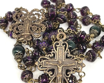 Praying Mary Rosary | Deep Purple Czech Glass | Handmade | Solid Bronze | Vintage Replica | Wire Wrapped Catholic Rosary