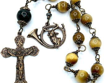 Saint Hubert | Tigers Eye | Handmade | Solid Bronze | Single Decade Wire Wrapped Catholic Rosary