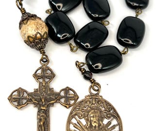 Sacred Heart | Obsidian | Handmade | Solid Bronze | Single Decade Wire Wrapped Catholic Rosary