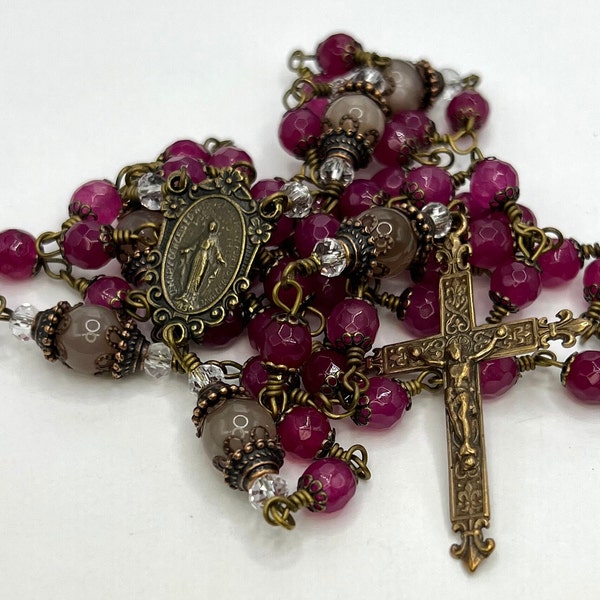 Miraculous Medal | Jade | Handmade | Solid Bronze | Wire Wrapped Catholic Rosary