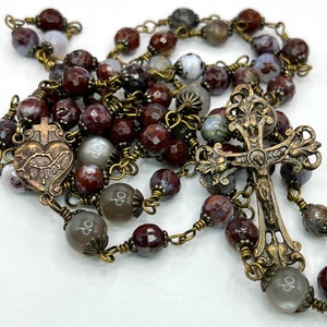 Sacred Heart  – Heirloom – Wire Wrapped Catholic Rosary of True Solid Bronze, Red Lightening Agate, and Moonstone