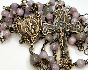 Joan of Arc - Heirloom Rosary – Solid Bronze - Wire Wrapped Catholic Rosary of Kunzite and Moonstone