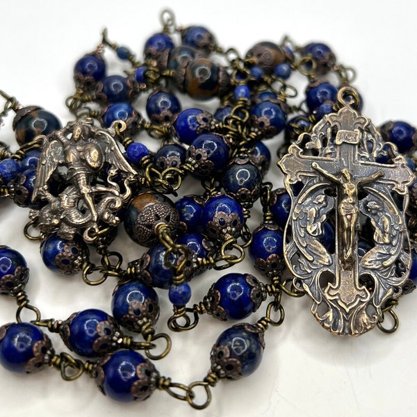 St. Michael – Heirloom Rosary – Wire Wrapped Catholic Rosary of Lapis and Blue Cloissone Jasper