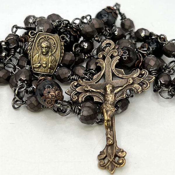 Jesus with Halo  – Heirloom Rosary – Wire Wrapped Catholic Rosary of True Solid Bronze, Hematite, and Black Tigers Eye