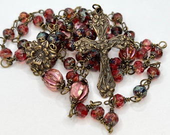 Flower | Czech Crystal Glass | Handmade | Solid Bronze | Vintage Replica | Wire Wrapped Catholic Rosary