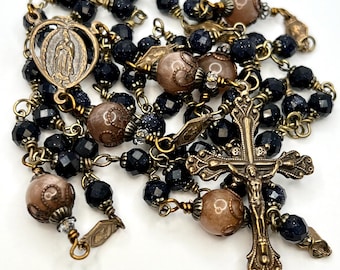 Guadalupe | Blue Goldstone | Handmade | Solid Bronze | Vintage Replica | Wire Wrapped Catholic Rosary