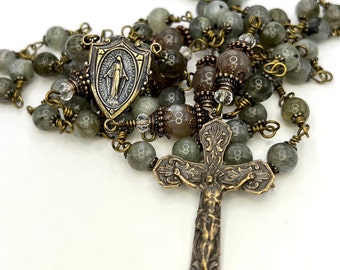 Miraculous Medal | Labradorite | Handmade | Solid Bronze | Wire Wrapped Catholic Rosary