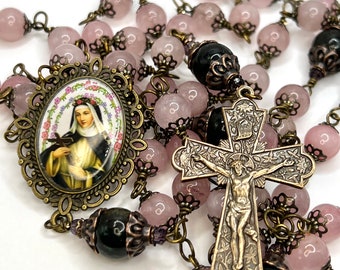 Saint Rose of Lima  – Heirloom Rosary – Wire Wrapped Catholic Rosary of Rose Quartz and Emerald Fuchsite