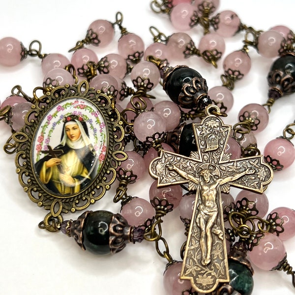 Saint Rose of Lima  – Heirloom Rosary – Wire Wrapped Catholic Rosary of Rose Quartz and Emerald Fuchsite