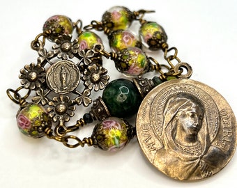 Mary Souvenir Lourdes Rosary, Lampwork Beads, Bronze Replica Medal