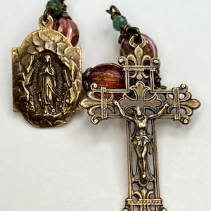 Mary in the Grotto Three Hail Mary Devotional Chaplet | Czech Glass | Solid Bronze | Handmade | Catholic Chaplet