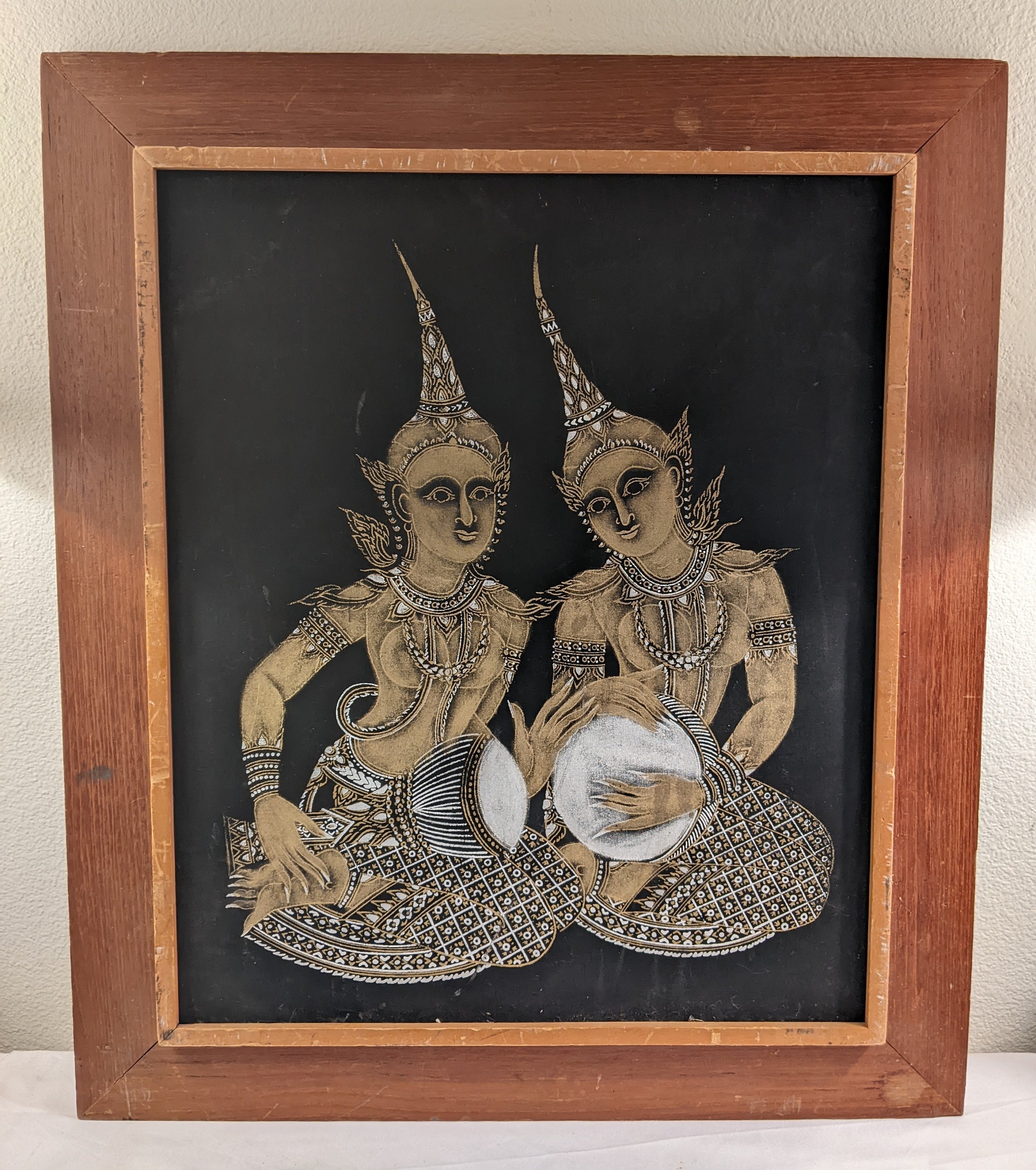 Vintage Framed Black Silk Thai Painting Pair of Kinnara Goddess