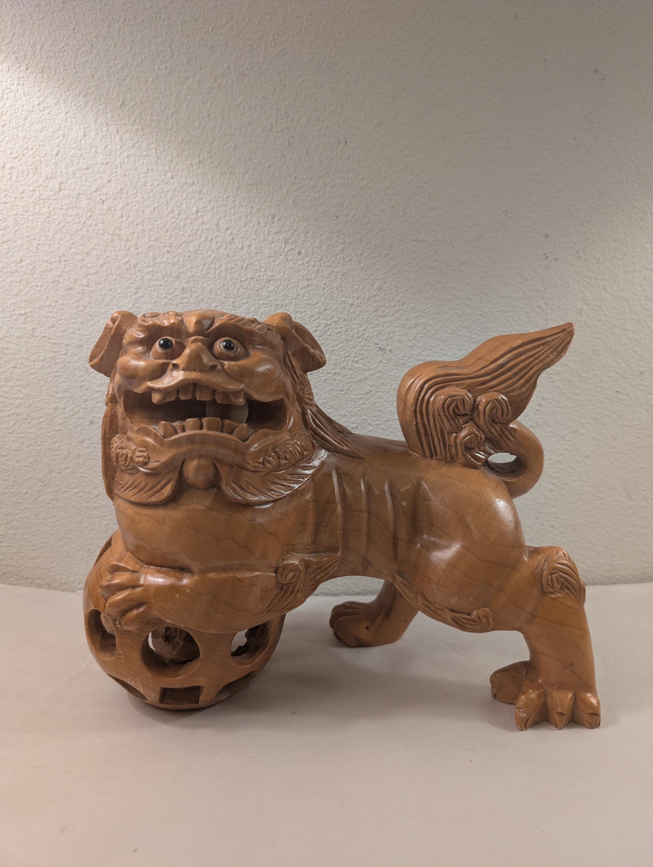 Vintage Chinese Hand Carved Wooden Sculpture Foo Dog With Ball