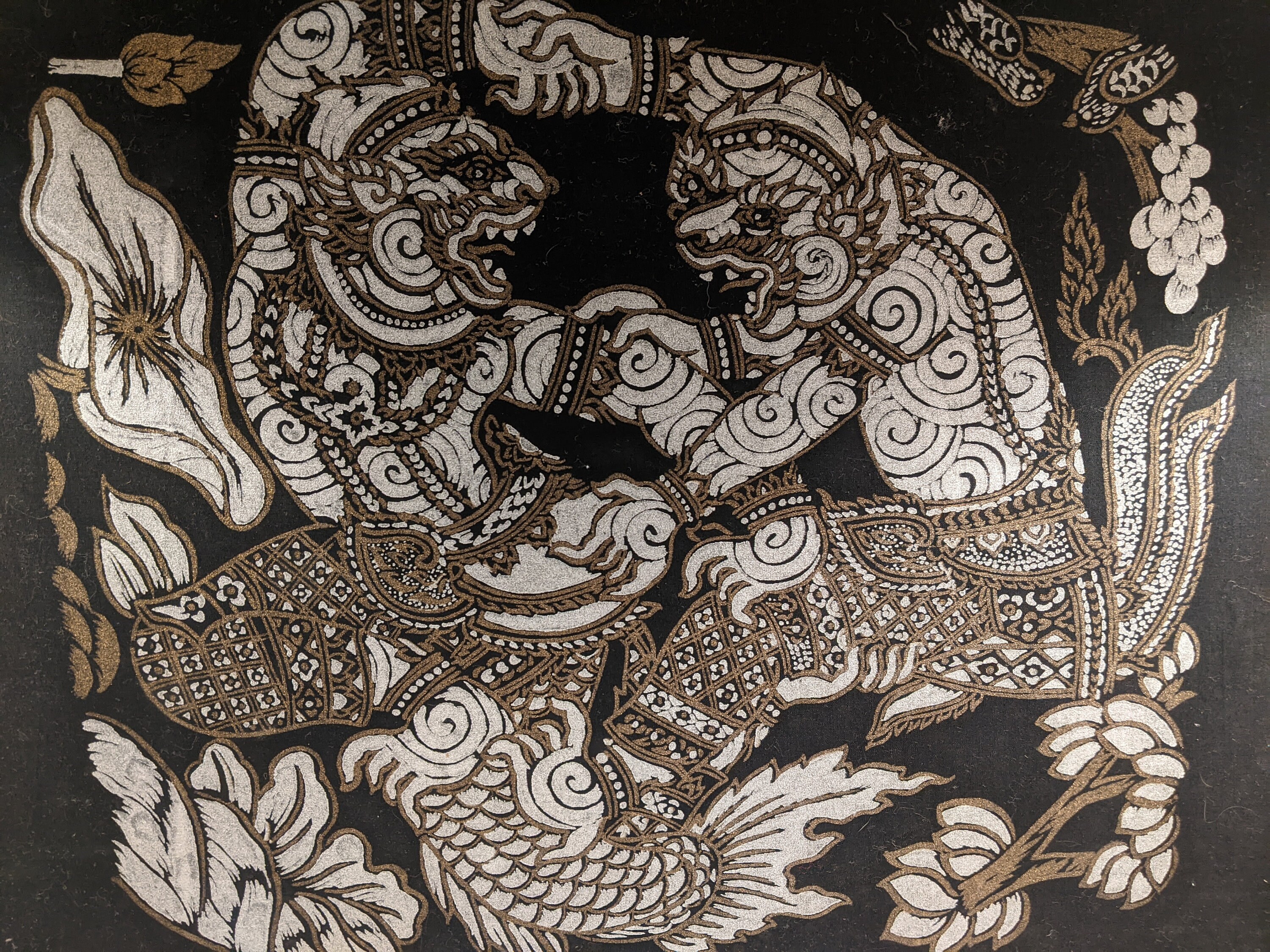 Pair of Vintage Black Silk Thai Paintings Framed Thailand Kinnara