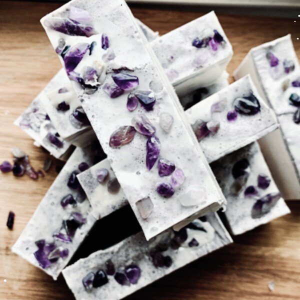 The Emperor Handmade Bar Soap Adorned with Amethyst Crystal Chips | lavender and lilies | Brazilian Purple Clay | Natural Soap