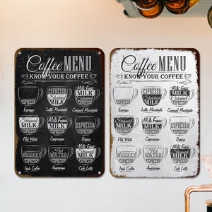 Enseigne Know Your Coffee, enseigne de menu de café, enseigne en métal rétro en métal en aluminium 8 x 12, enseigne de menu de café, décoration de café pour tableau de café